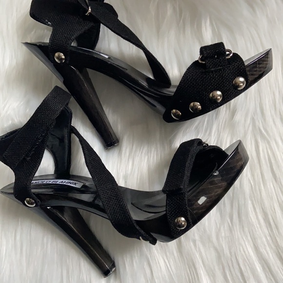Manolo Blahnik Shoes - Manolo Blahnik Arenas Wood Canvas Velcro Sandal Heels in Black